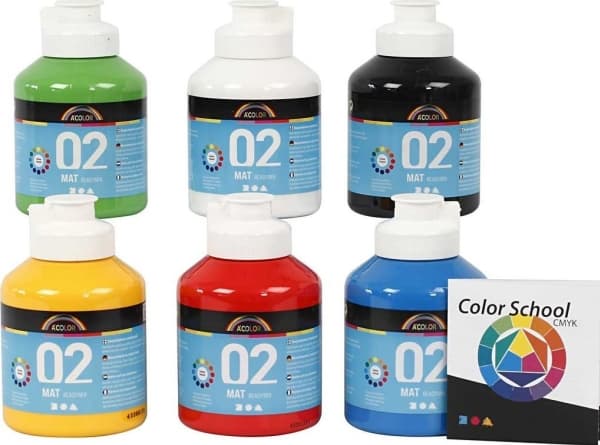 Akryylimaali a-color 02 - matta, 6 500 ml:n pulloa eri väreissä