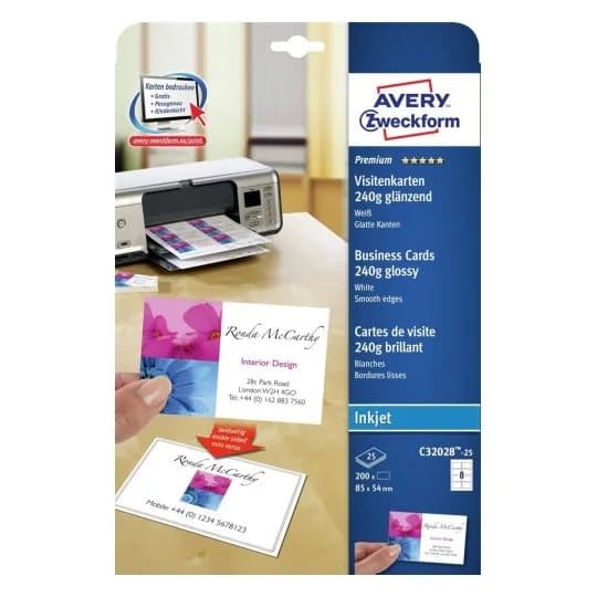 Visitkort Avery C32028-25 hvid blank 85x54 mm til inkjetprinter 240g - (8 stk. x 25 ark)