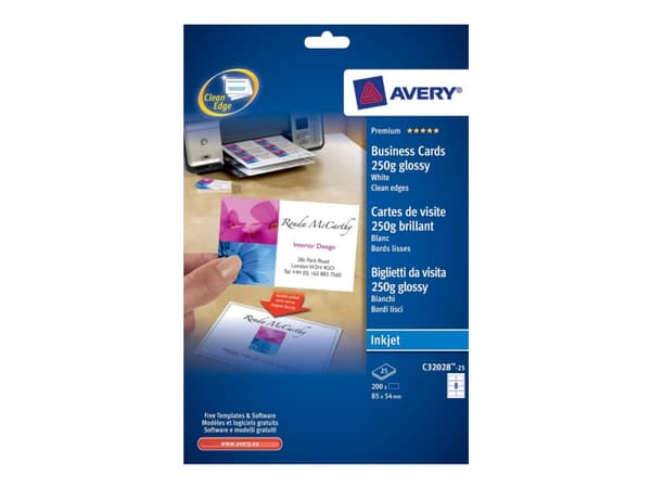 Visitkort Avery C32028-25 hvid blank 85x54 mm til inkjetprinter 240g - (8 stk. x 25 ark)