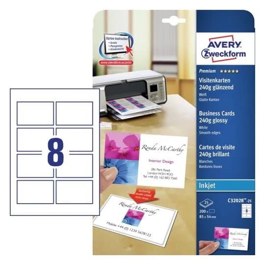 Visitkort Avery C32028-25 hvid blank 85x54 mm til inkjetprinter 240g - (8 stk. x 25 ark)