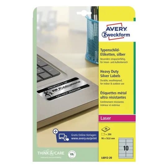 Avery L6012-20, Hopea, Polyesteri, Laser, 96 x 50,8 mm, 200 kpl, 20 arkkia
