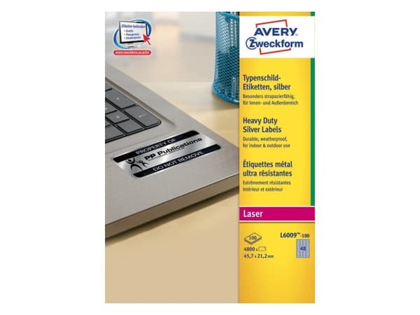 Avery Durable Heavy Duty L6009 - Polyester - permanet adhesiv - sølv - 45.7 x 21.2 mm 4800 etikett(er) (100 ark x 48) merkelapper