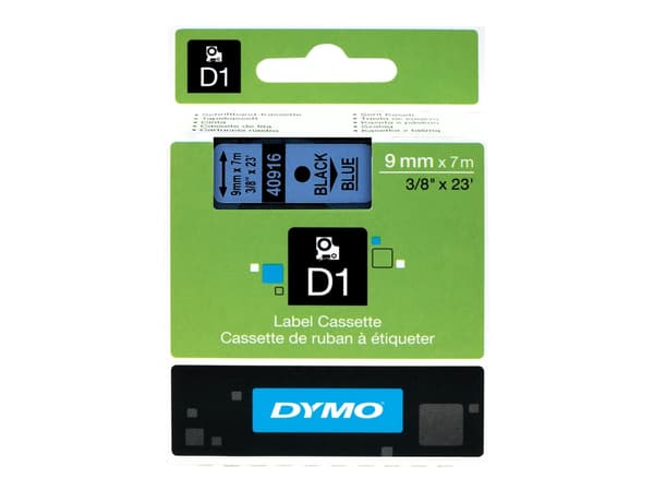 DYMO D1 - Selv-adhesiv - sort på blått - Rull (0,9 cm x 7 m) 1 kassett(er) merketape - for LabelMANAGER 120P, 210D, 220P, 350D, 450D; LabelPOINT 250,