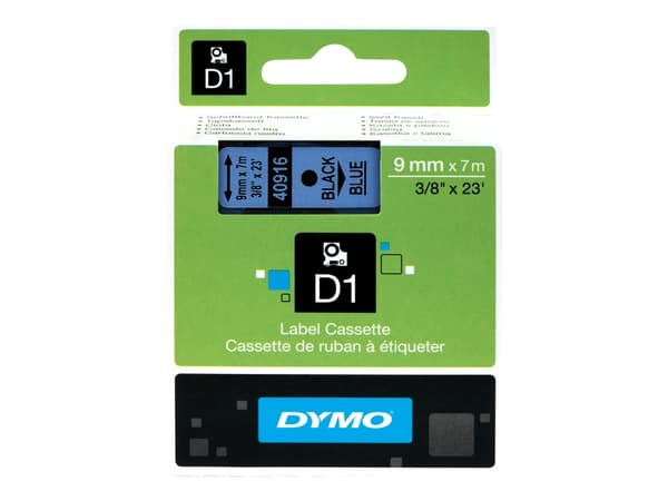 DYMO D1 - Selv-adhesiv - sort på blått - Rull (0,9 cm x 7 m) 1 kassett(er) merketape - for LabelMANAGER 120P, 210D, 220P, 350D, 450D; LabelPOINT 250,