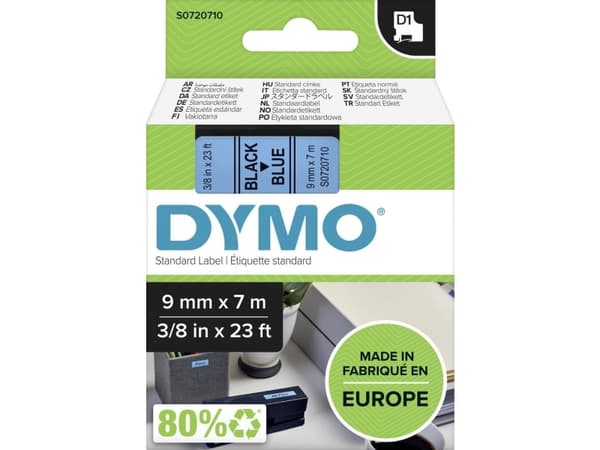 DYMO D1 - vakiopolyesteritarrat - Musta sinisellä -9mm x 7m, Musta sinisellä, Polyesteri, Belgia, -18 - 90 °C, DYMO, LabelManager, LabelWriter 450 DU