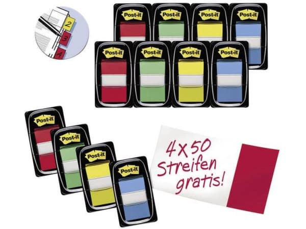 Post-it Index 680-P12 - Indeksflagg med dispenser - 25.4 x 43.2 mm - 600 ark (12 x 50) - gul, blå, grønn, rød