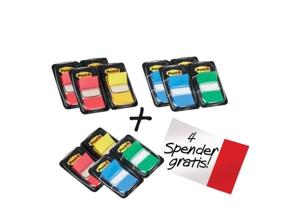 Post-it Index 680-P12 - Indeksflagg med dispenser - 25.4 x 43.2 mm - 600 ark (12 x 50) - gul, blå, grønn, rød