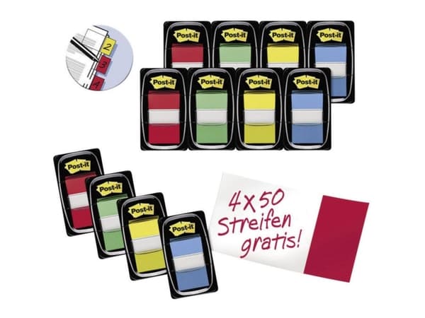 Post-it Index 680-P12 - Indeksflagg med dispenser - 25.4 x 43.2 mm - 600 ark (12 x 50) - gul, blå, grønn, rød