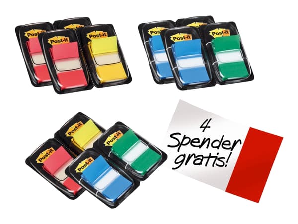 Post-it Index 680-P12 - Indeksflagg med dispenser - 25.4 x 43.2 mm - 600 ark (12 x 50) - gul, blå, grønn, rød