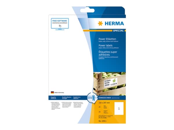 HERMA 10911, Valkoinen, Itse kiinnittyvä tulostintarra, A4, Paperi, Laser/Inkjet, Kiinteä