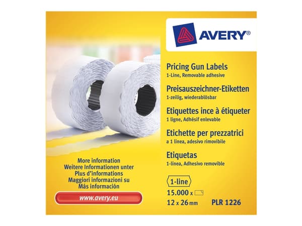 Avery PLR1226, Valkoinen, Hintalappu, Paperi, 26 mm, 12 mm, 15000 kpl
