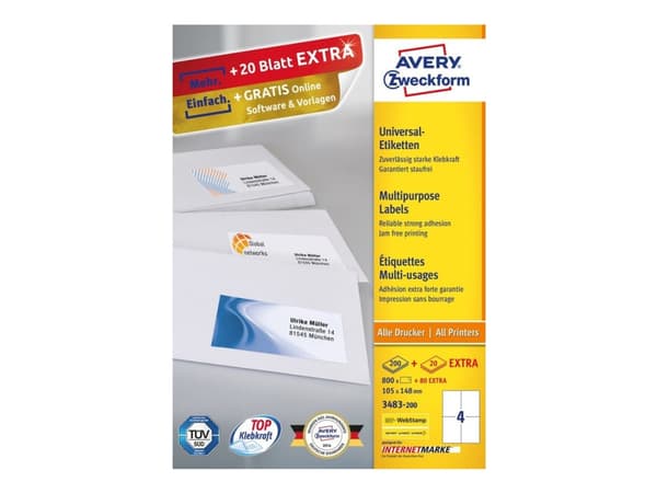 Universaletiket Avery A6 (105x148 mm) hvid med 400 etikette(r) (100 A4 ark x 4 stk.)