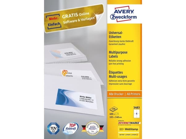 Universaletiket Avery A6 (105x148 mm) hvid med 400 etikette(r) (100 A4 ark x 4 stk.)