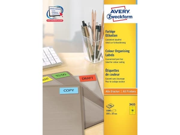 Avery 3455, Keltainen, Itse kiinnittyvä tulostintarra, A4, Paperi, Laser/Inkjet, Kiinteä