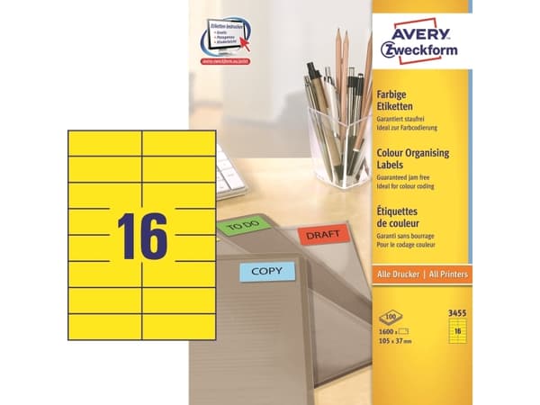 Avery 3455, Keltainen, Itse kiinnittyvä tulostintarra, A4, Paperi, Laser/Inkjet, Kiinteä
