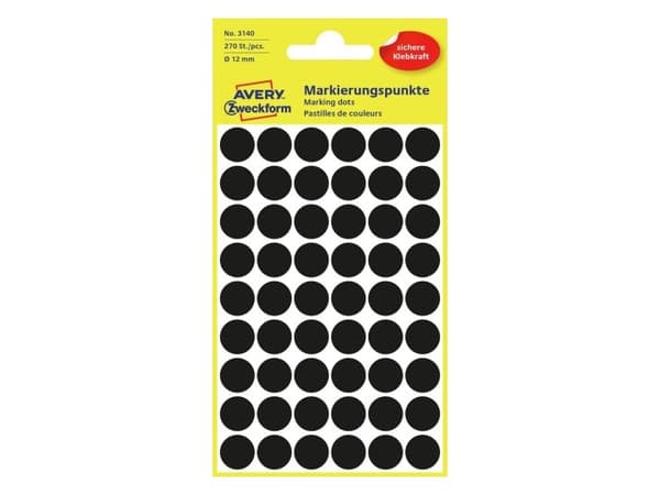 Avery 3140 - Svart - 12 mm rund 270 etikett(er) (5 ark x 54) runde etiketter
