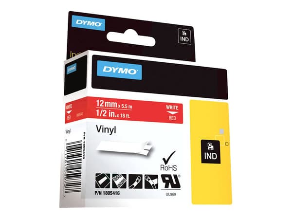 DYMO Rhino - Vinyl - permanet adhesiv - hvitt på rødt - Rull (1,2 cm x 5,5 m) 1 kassett(er) tape - for Rhino 4200, 5000, 5200, 6000; RhinoPRO 3000