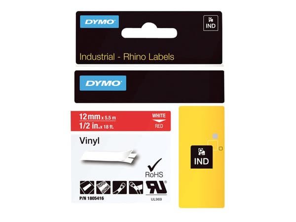 DYMO Rhino - Vinyl - permanet adhesiv - hvitt på rødt - Rull (1,2 cm x 5,5 m) 1 kassett(er) tape - for Rhino 4200, 5000, 5200, 6000; RhinoPRO 3000