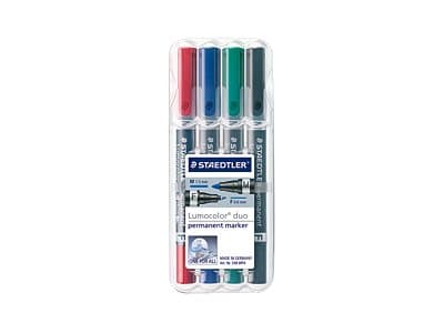 STAEDTLER Lumocolor duo - Kaksoiskärkinen tussi - pysyvä - musta, punainen, sininen, vihreä - 1,5 mm / 0,6 mm - keskikokoinen / hieno (4 kpl pakkaus)