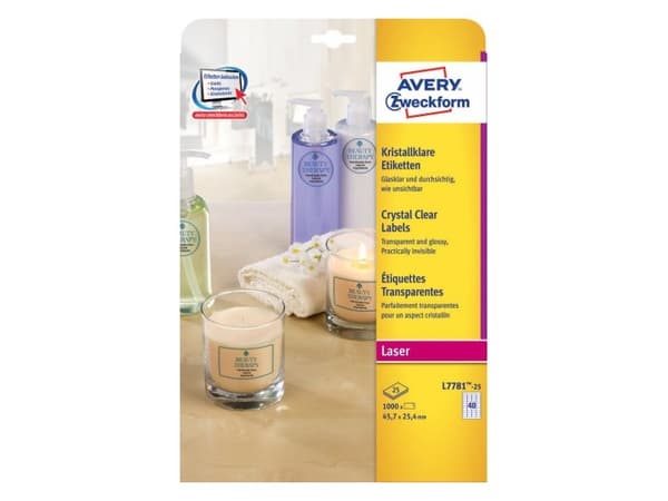 Laseretiket Avery Crystal Clear L7781-25 45,7x25,4mm 40/ark 25ark/pak - (1000 stk.)