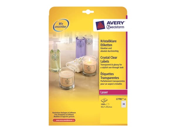 Laseretiket Avery Crystal Clear L7781-25 45,7x25,4mm 40/ark 25ark/pak - (1000 stk.)