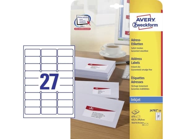 Avery Zweckform J4792 - Hvit - 29.6 x 63.5 mm 675 etikett(er) (25 ark x 27) adresselapper