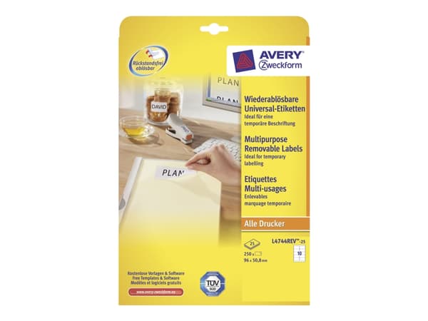 Avery L4744REV - Fjernbart adhesiv - hvit - 50.8 x 96 mm 250 stk (25 ark x 10) merkelapper