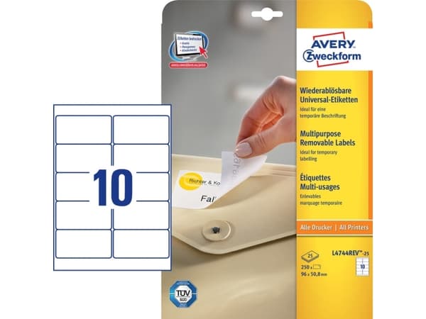 Avery L4744REV - Fjernbart adhesiv - hvit - 50.8 x 96 mm 250 stk (25 ark x 10) merkelapper