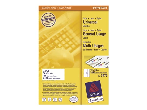 Avery - Hvid - 70 x 36 mm 2400 etikette(r) (100 ark x 24) etiketter för flera ändamål