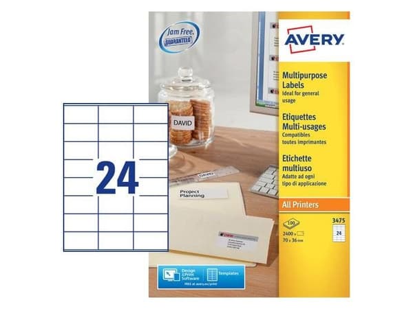 Avery - Hvid - 70 x 36 mm 2400 etikette(r) (100 ark x 24) etiketter för flera ändamål