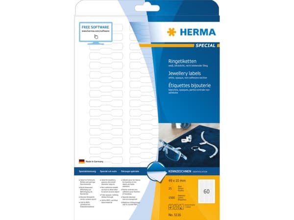 HERMA Special - Vit - 49 x 10 mm 1500 etikett (er) (25 ark x 60) permanenta självhäftande matta ogenomskinliga smyckespappersetiketter
