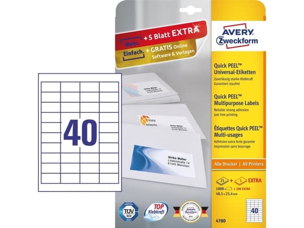 Avery - Hvid - 48.5 x 25.4 mm 1000 etikette(r) (25 ark x 40) etiketter till flera formål