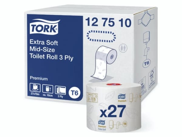 Toiletpapir Tork T6 Premium Extra Soft Mid-Size 3-lag hvid 70m - (27 ruller pr. karton)