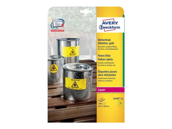 Avery L6105-20 - Polyester - gul - 29.6 x 63.5 mm 540 etikett(er) (20 ark x 27) merkelapper