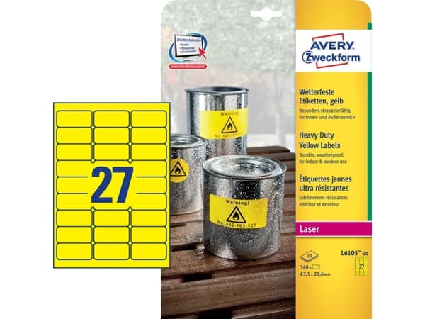 Avery L6105-20 - Polyester - gul - 29.6 x 63.5 mm 540 etikett(er) (20 ark x 27) merkelapper