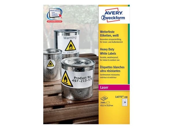 Avery L4773-100, Valkoinen, Pyöristetty suorakulmio, Kiinteä, 63.5 x 33.9 mm, A4, Polyesteri