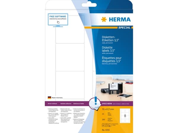 HERMA Special - Papper - matt - permanent självhäftande - vit - 70 x 67.7 mm 200 etikett (er) (25 ark x 8) diskettetiketter