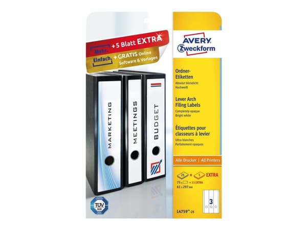 Avery L4759 - Hvit - 61 x 297 mm 75 stk. (25 ark x 3) etiketter for filmapper