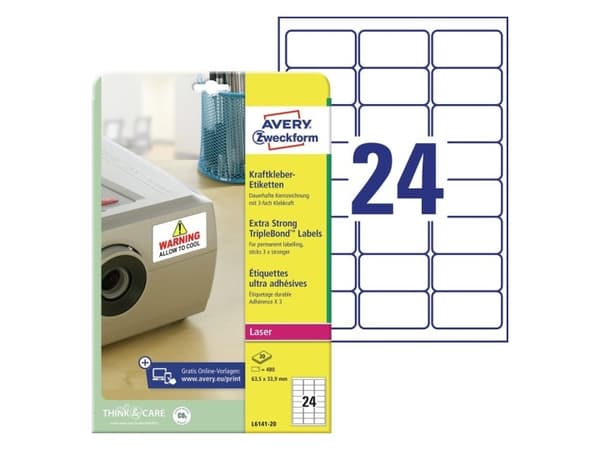 Avery TripleBond Labels L6141 - Permanet adhesiv - hvit - 33.9 x 63.5 mm 480 etikett(er) (20 ark x 24) merkelapper