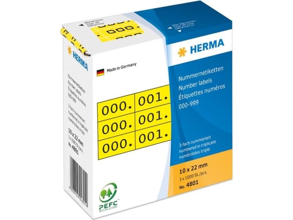 HERMA - Svart, gul - 10 x 22 mm 3000 etikett(er) (1000 ark x 3) dispenserboks - selvklebende nummeretiketter