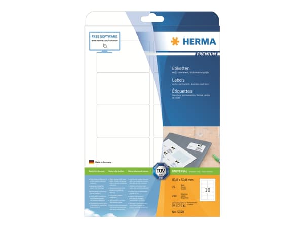 HERMA 5028, Valkoinen, Itse kiinnittyvä tulostintarra, A4, Paperi, Laser/Inkjet, Kiinteä