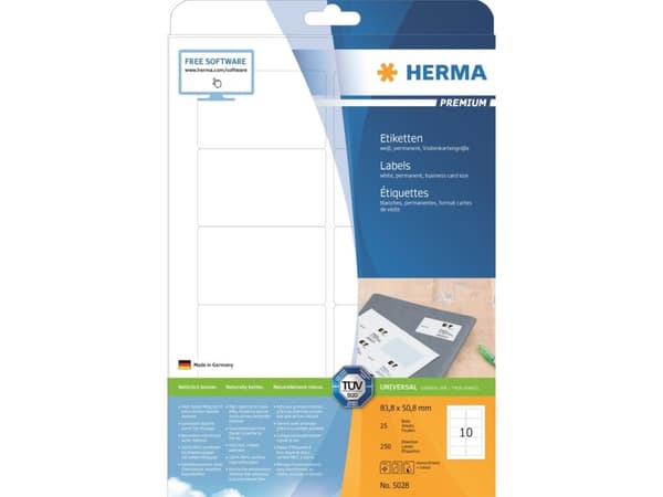 HERMA 5028, Valkoinen, Itse kiinnittyvä tulostintarra, A4, Paperi, Laser/Inkjet, Kiinteä