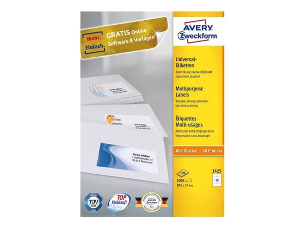 Avery Zweckform 3425, White, Rectangle, Permanent, 105 x 57 mm, A4, Paper
