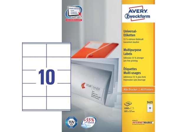 Avery Zweckform 3425, White, Rectangle, Permanent, 105 x 57 mm, A4, Paper