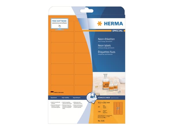 HERMA Special - Papir - matt - permanent selv-adhesiv - luminøs oransje - 63.5 x 29.6 mm 540 etikett(er) (20 ark x 27) fluorescerende etiketter