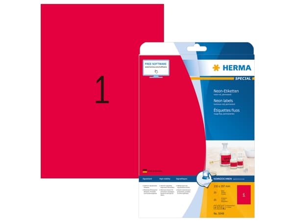 HERMA Special - Papir - matt - permanent selv-adhesiv - lysende rød - A4 (210 x 297 mm) 20 etikett(er) fluorescerende etiketter