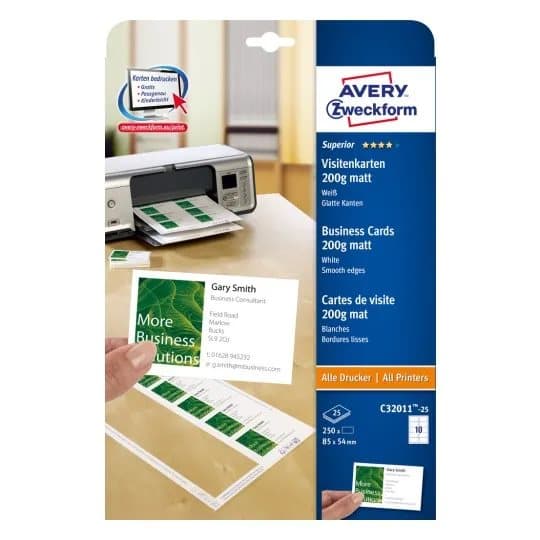 Visitkort Avery C32011-25 hvid mat 85x54 mm - til laser og inkjet - (25 ark x 10 stk.)
