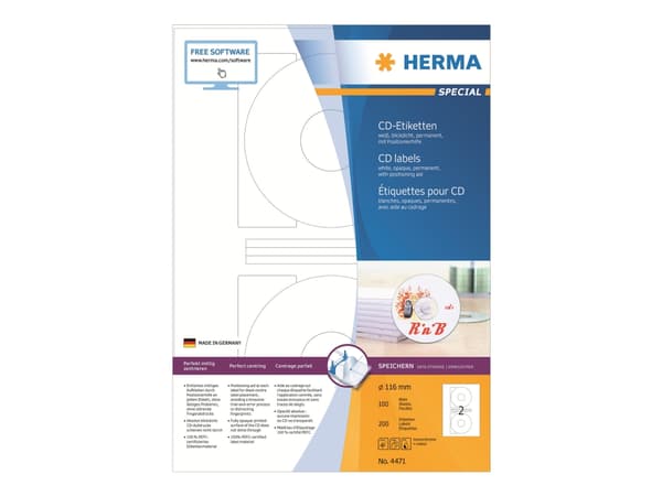 HERMA Special - Papper - matt - permanent självhäftande - vit - 116 mm rund 200 etikett (er) (100 ark x 2) ogenomskinliga CD/DVD-etiketter