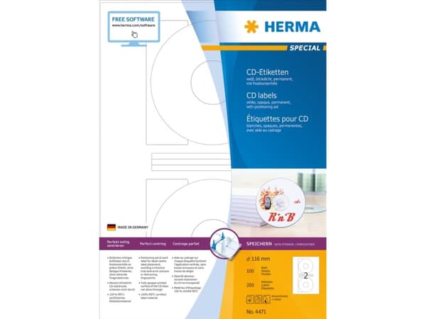 HERMA Special - Papper - matt - permanent självhäftande - vit - 116 mm rund 200 etikett (er) (100 ark x 2) ogenomskinliga CD/DVD-etiketter