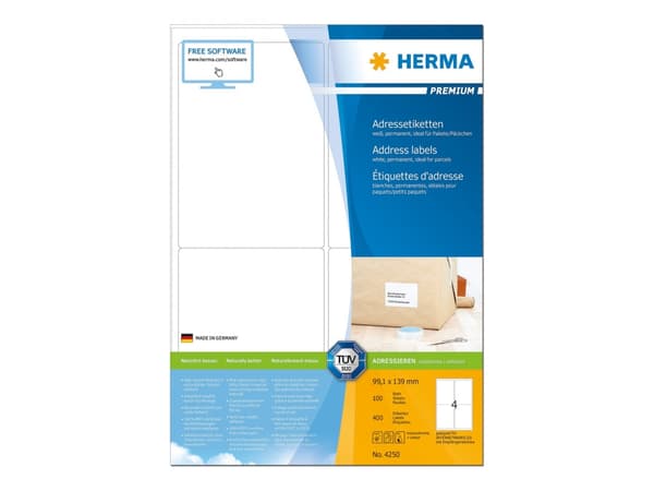 HERMA Premium - Papir - matt - permanent selv-adhesiv - hvit - 99.1 x 139 mm 400 etikett(er) (100 ark x 4) laminerte adresseetiketter